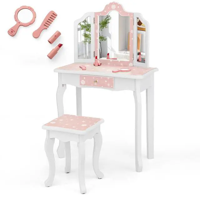 Alt view image 2 of 3 - SlickBlue Princess Pretend Play Makeup Table and Stool Set with Tri-folding Mirror