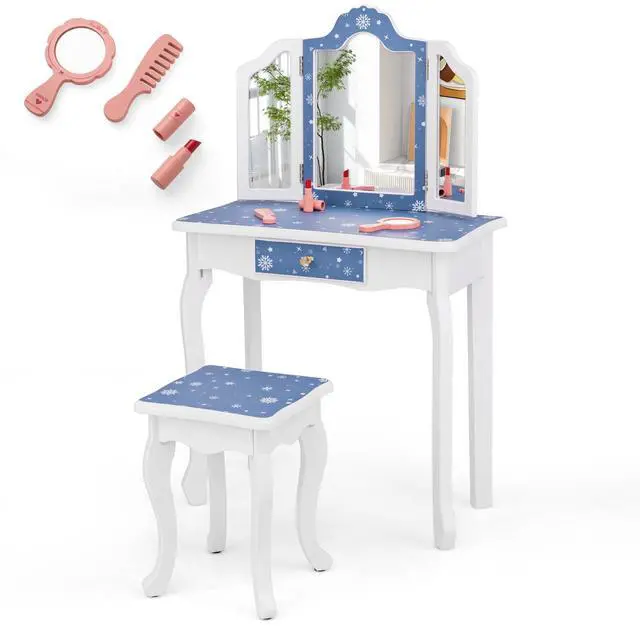 Alt view image 2 of 3 - SlickBlue Princess Pretend Play Makeup Table and Stool Set with Tri-folding Mirror
