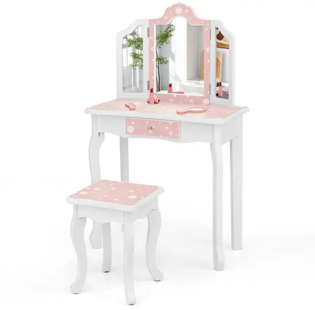 Alt view image 3 of 3 - SlickBlue Princess Pretend Play Makeup Table and Stool Set with Tri-folding Mirror
