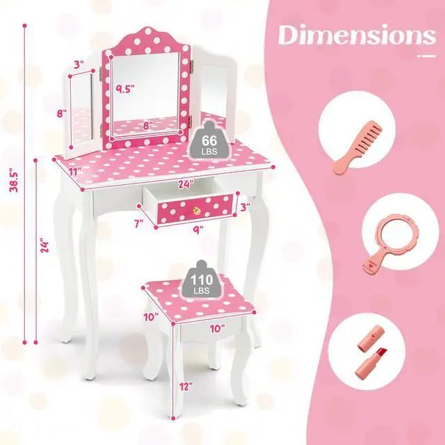 Alt view image 5 of 7 - SlickBlue Princess Pretend Play Makeup Dressing Table with Cute Polka Dot Print