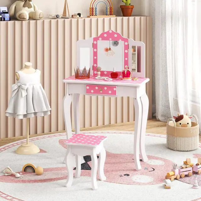 Alt view image 4 of 7 - SlickBlue Princess Pretend Play Makeup Dressing Table with Cute Polka Dot Print