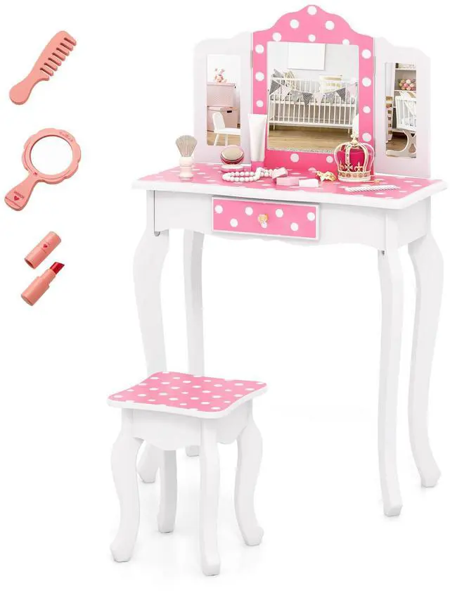 Alt view image 2 of 7 - SlickBlue Princess Pretend Play Makeup Dressing Table with Cute Polka Dot Print