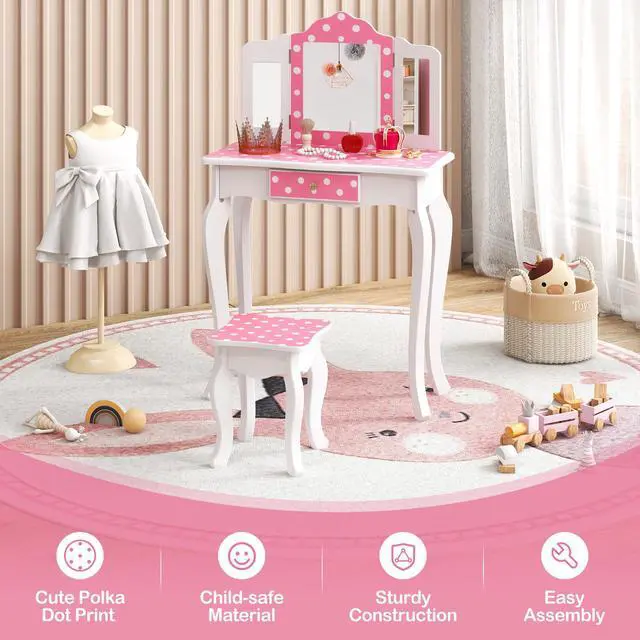 Alt view image 7 of 7 - SlickBlue Princess Pretend Play Makeup Dressing Table with Cute Polka Dot Print