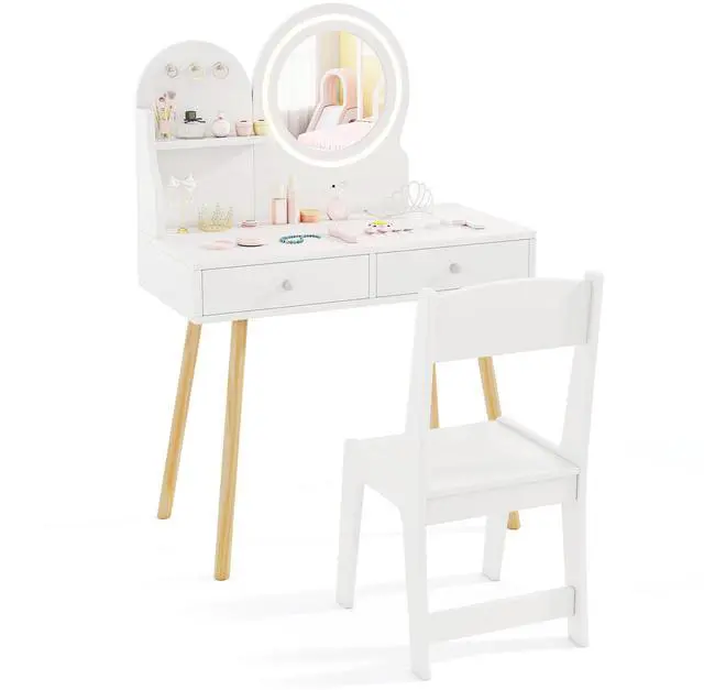 Main image of SlickBlue Kids Princess Makeup Dressing Desk and Chair Set with Mirror and Lights
