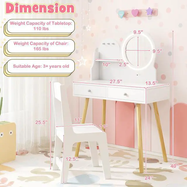 Alt view image 5 of 7 - SlickBlue Kids Princess Makeup Dressing Desk and Chair Set with Mirror and Lights