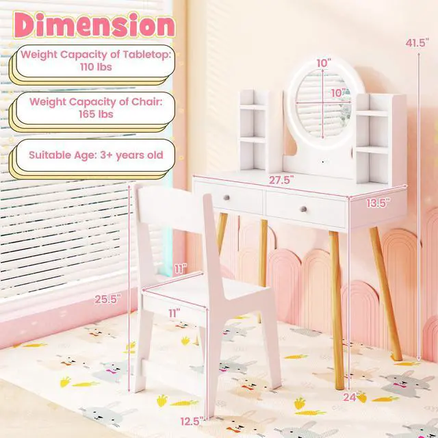 Alt view image 4 of 7 - SlickBlue Kids Vanity Set with Lighted Mirror and Storage Drawers