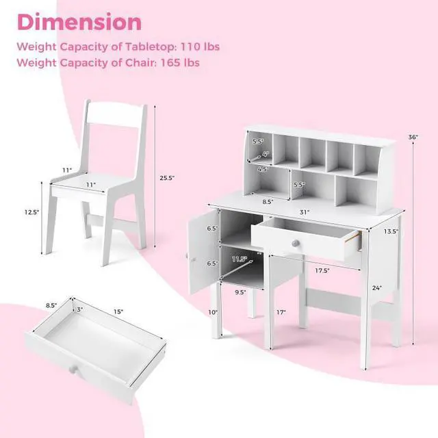 Alt view image 4 of 7 - SlickBlue Kids Study Desk and Chair Set with Chair Hutch and Storage Cabinet for 3+ Years Old