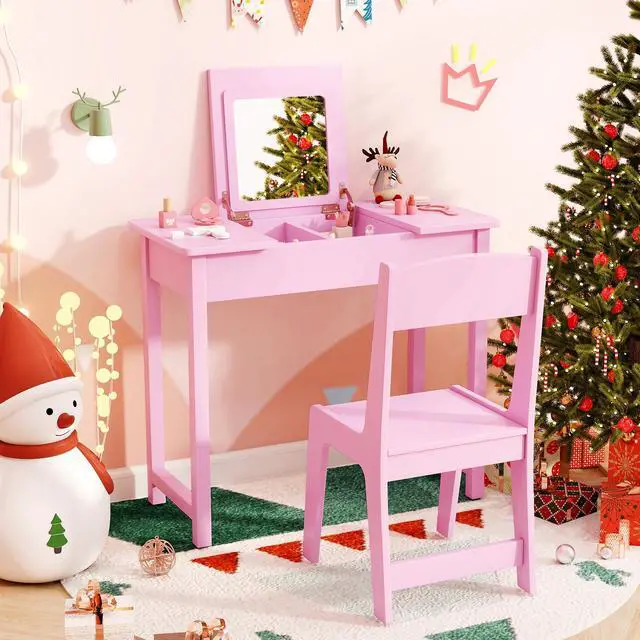 Alt view image 2 of 7 - SlickBlue 2-in-1 Kids Vanity Makeup Table and Chair Set with Flip Top Mirror