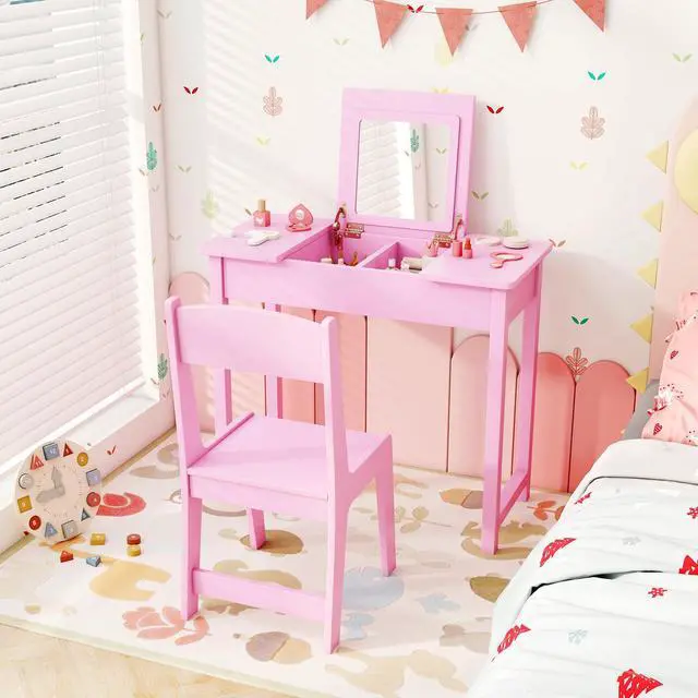 Alt view image 3 of 7 - SlickBlue 2-in-1 Kids Vanity Makeup Table and Chair Set with Flip Top Mirror