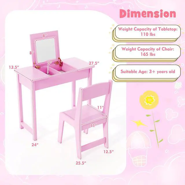 Alt view image 4 of 7 - SlickBlue 2-in-1 Kids Vanity Makeup Table and Chair Set with Flip Top Mirror