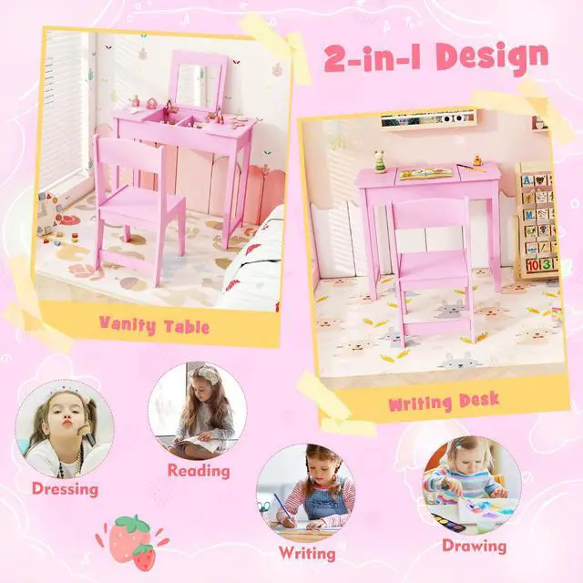 Alt view image 6 of 7 - SlickBlue 2-in-1 Kids Vanity Makeup Table and Chair Set with Flip Top Mirror