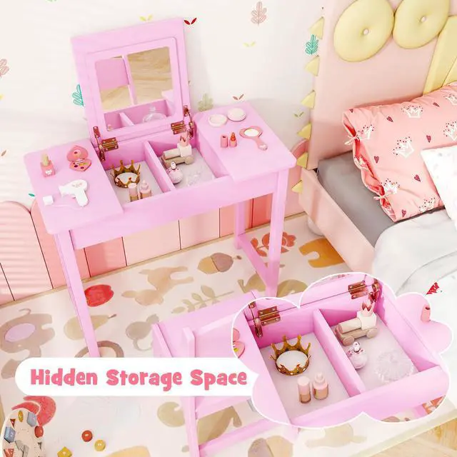 Alt view image 7 of 7 - SlickBlue 2-in-1 Kids Vanity Makeup Table and Chair Set with Flip Top Mirror