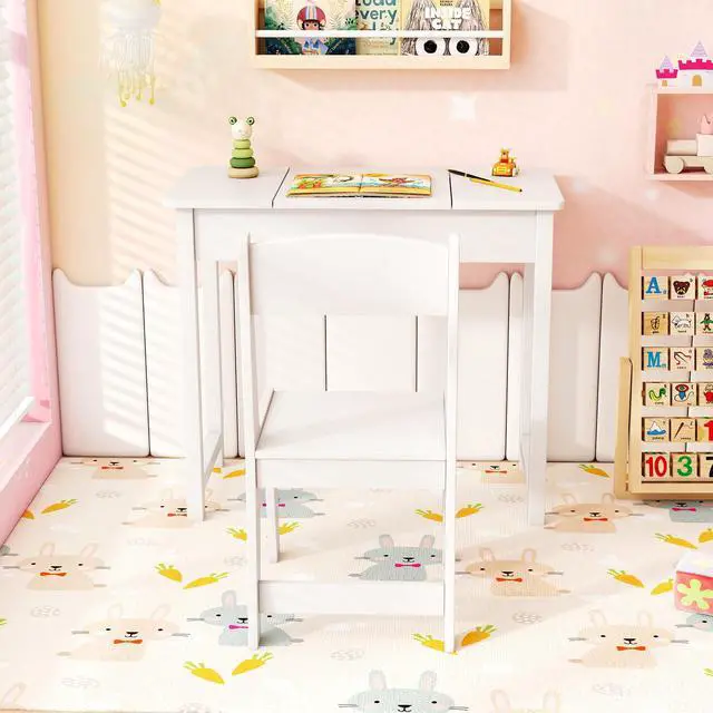 Alt view image 3 of 7 - SlickBlue 2-in-1 Kids Vanity Makeup Table and Chair Set with Flip Top Mirror