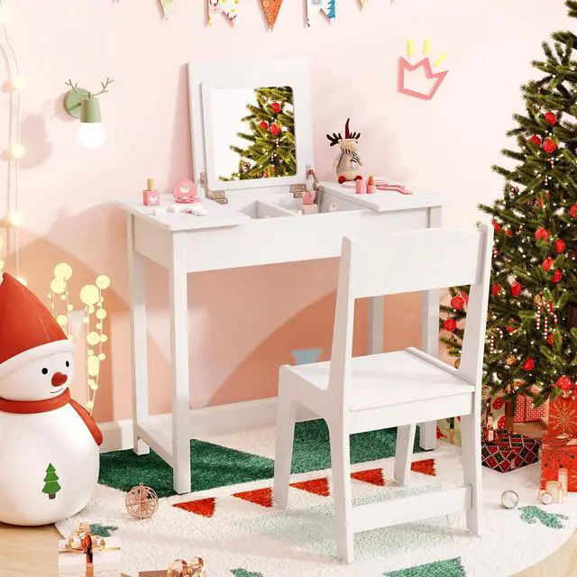 Alt view image 2 of 7 - SlickBlue 2-in-1 Kids Vanity Makeup Table and Chair Set with Flip Top Mirror