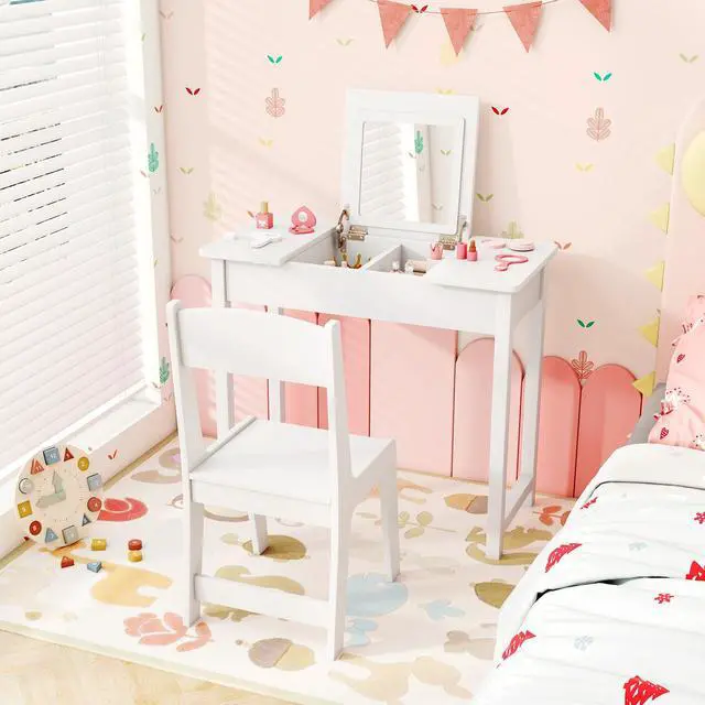 Alt view image 6 of 7 - SlickBlue 2-in-1 Kids Vanity Makeup Table and Chair Set with Flip Top Mirror