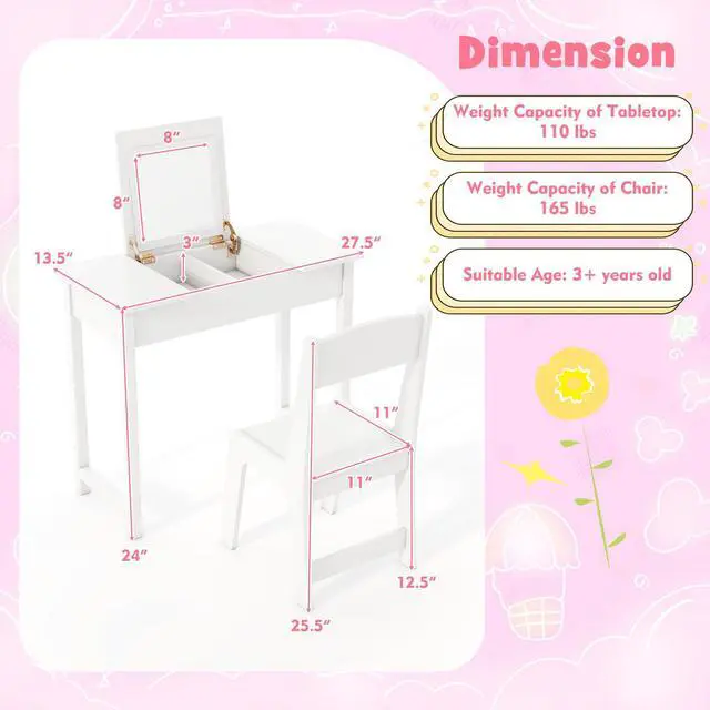 Alt view image 5 of 7 - SlickBlue 2-in-1 Kids Vanity Makeup Table and Chair Set with Flip Top Mirror
