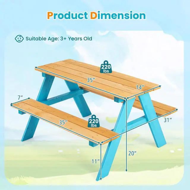 Alt view image 5 of 7 - SlickBlue Children Outdoor Wooden Table with Bench Seats for Indoor and Outdoor Use