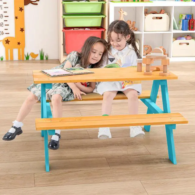 Alt view image 3 of 7 - SlickBlue Children Outdoor Wooden Table with Bench Seats for Indoor and Outdoor Use