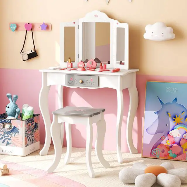 Alt view image 2 of 7 - SlickBlue Kids Vanity Set with Tri-folding Mirror