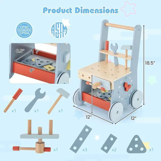 Alt view image 5 of 7 - SlickBlue 2-in-1 Toddler Wooden Baby Push Walker with Multi-Activity Center