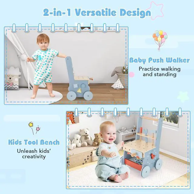 Alt view image 7 of 7 - SlickBlue 2-in-1 Toddler Wooden Baby Push Walker with Multi-Activity Center