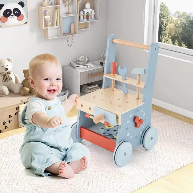 Alt view image 2 of 7 - SlickBlue 2-in-1 Toddler Wooden Baby Push Walker with Multi-Activity Center