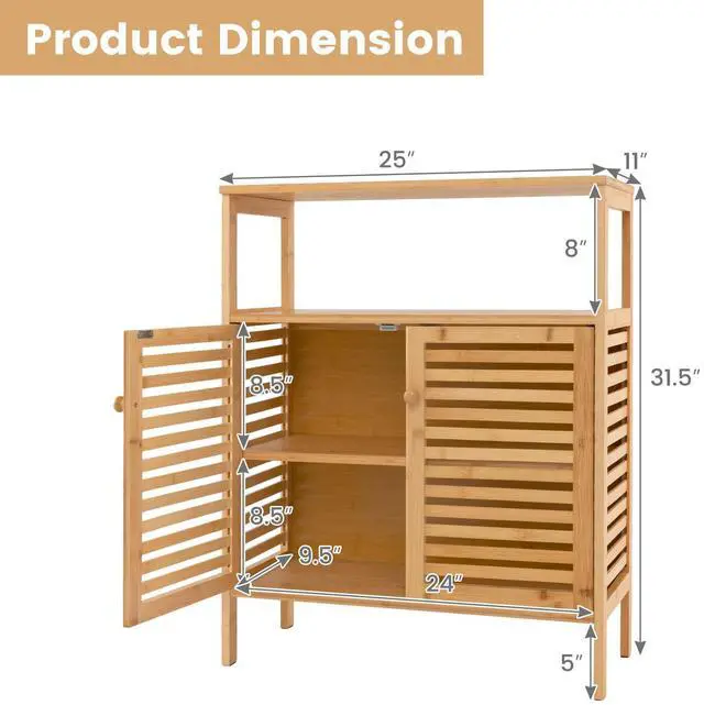 Alt view image 5 of 7 - SlickBlue Bamboo Bathroom Floor Storage Cabinet with Shutter Doors