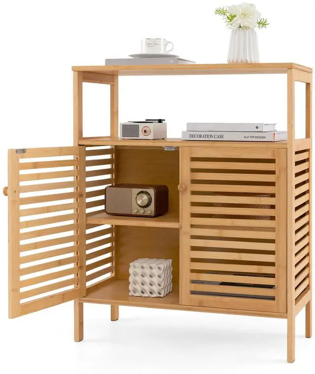 Alt view image 4 of 7 - SlickBlue Bamboo Bathroom Floor Storage Cabinet with Shutter Doors