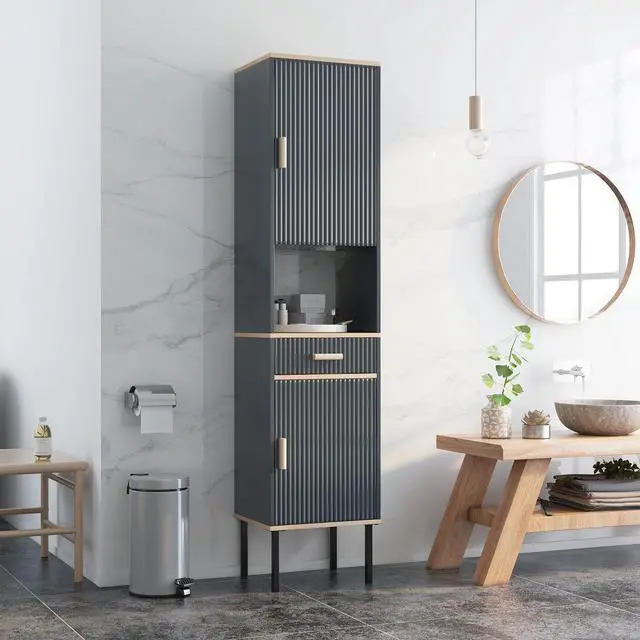 Alt view image 2 of 7 - SlickBlue Free-Standing Bathroom Cabinet Narrow Linen with Doors and Drawer