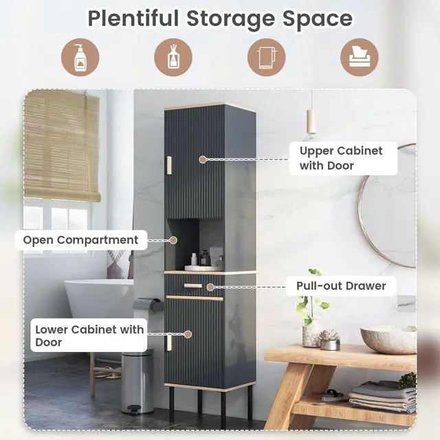 Alt view image 6 of 7 - SlickBlue Free-Standing Bathroom Cabinet Narrow Linen with Doors and Drawer