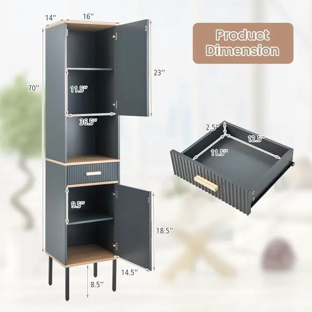Alt view image 5 of 7 - SlickBlue Free-Standing Bathroom Cabinet Narrow Linen with Doors and Drawer