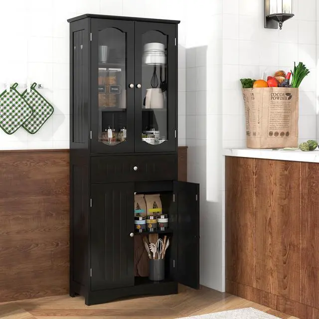 Alt view image 2 of 7 - SlickBlue  Tall Bathroom Storage Cabinet with 2 Glass Doors and Adjustable Shelves