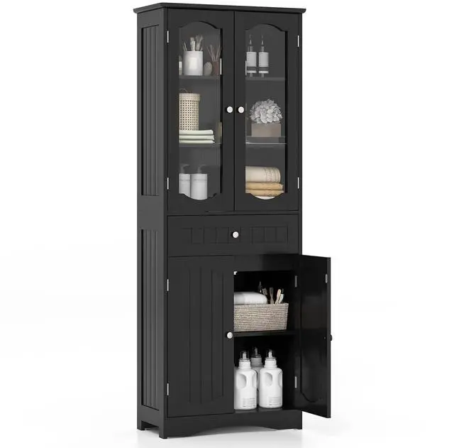 Alt view image 3 of 7 - SlickBlue  Tall Bathroom Storage Cabinet with 2 Glass Doors and Adjustable Shelves