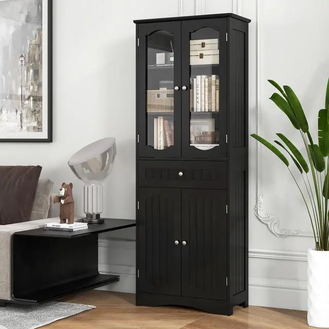 Alt view image 4 of 7 - SlickBlue  Tall Bathroom Storage Cabinet with 2 Glass Doors and Adjustable Shelves