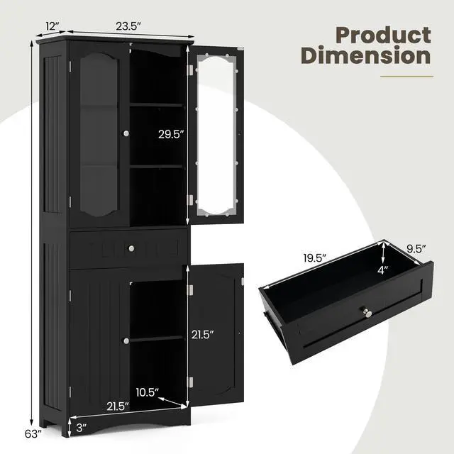 Alt view image 5 of 7 - SlickBlue  Tall Bathroom Storage Cabinet with 2 Glass Doors and Adjustable Shelves