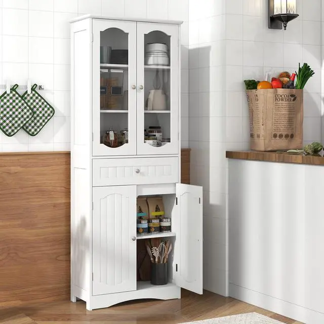 Alt view image 4 of 7 - SlickBlue  Tall Bathroom Storage Cabinet with 2 Glass Doors and Adjustable Shelves