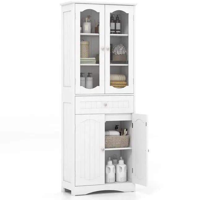 Alt view image 3 of 7 - SlickBlue  Tall Bathroom Storage Cabinet with 2 Glass Doors and Adjustable Shelves