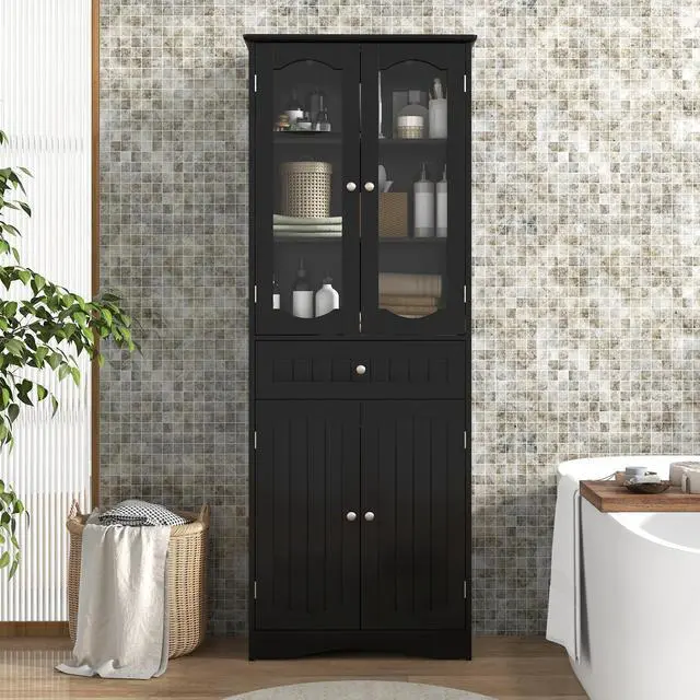Alt view image 6 of 7 - SlickBlue  Tall Bathroom Storage Cabinet with 2 Glass Doors and Adjustable Shelves