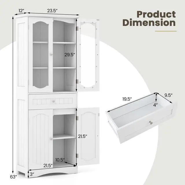 Alt view image 5 of 7 - SlickBlue  Tall Bathroom Storage Cabinet with 2 Glass Doors and Adjustable Shelves