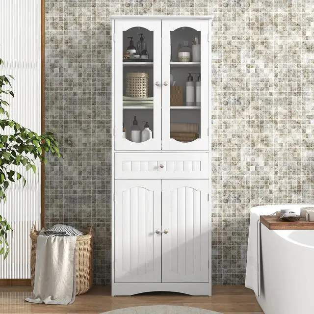 Alt view image 2 of 7 - SlickBlue  Tall Bathroom Storage Cabinet with 2 Glass Doors and Adjustable Shelves