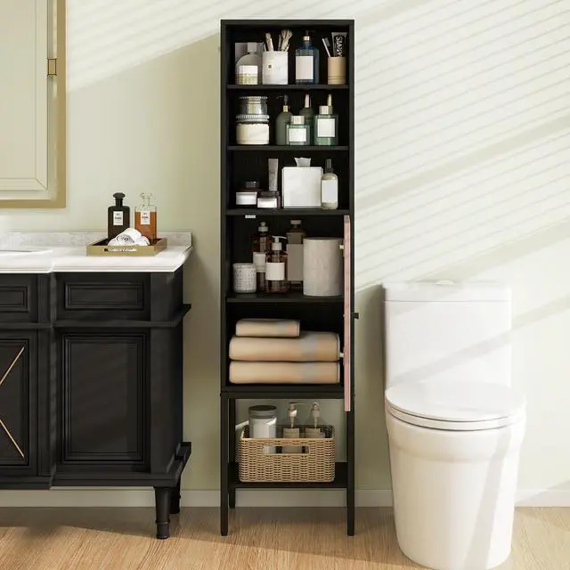 Alt view image 3 of 7 - SlickBlue  Bathroom Tall Cabinet with 1 Door and 4 Shelves Narrow Storage Unit