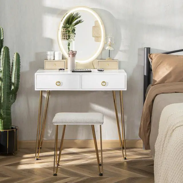 Alt view image 2 of 7 - SlickBlue Vanity Table Set with 3-Color Lighted Dimmable Mirror-White