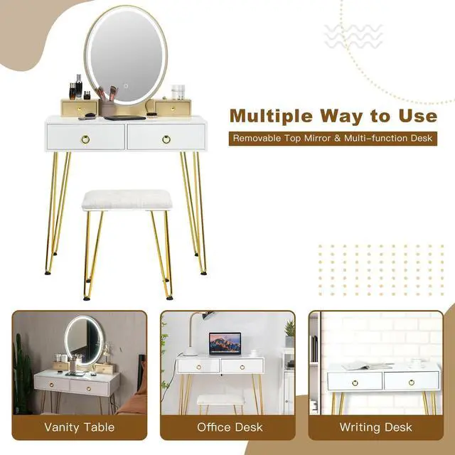 Alt view image 7 of 7 - SlickBlue Vanity Table Set with 3-Color Lighted Dimmable Mirror-White