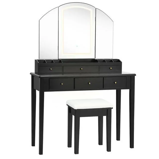 Main image of SlickBlue Vanity Table Stool Set with Large Tri-folding Lighted Mirror-Black