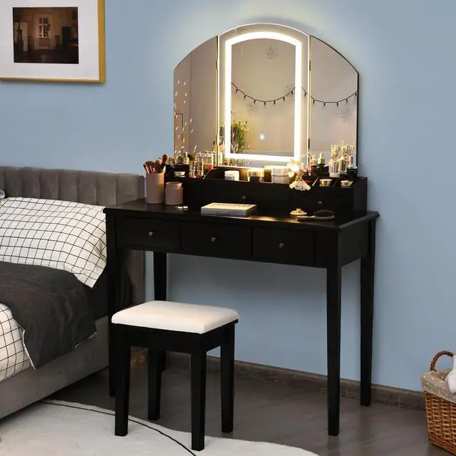 Alt view image 2 of 7 - SlickBlue Vanity Table Stool Set with Large Tri-folding Lighted Mirror-Black