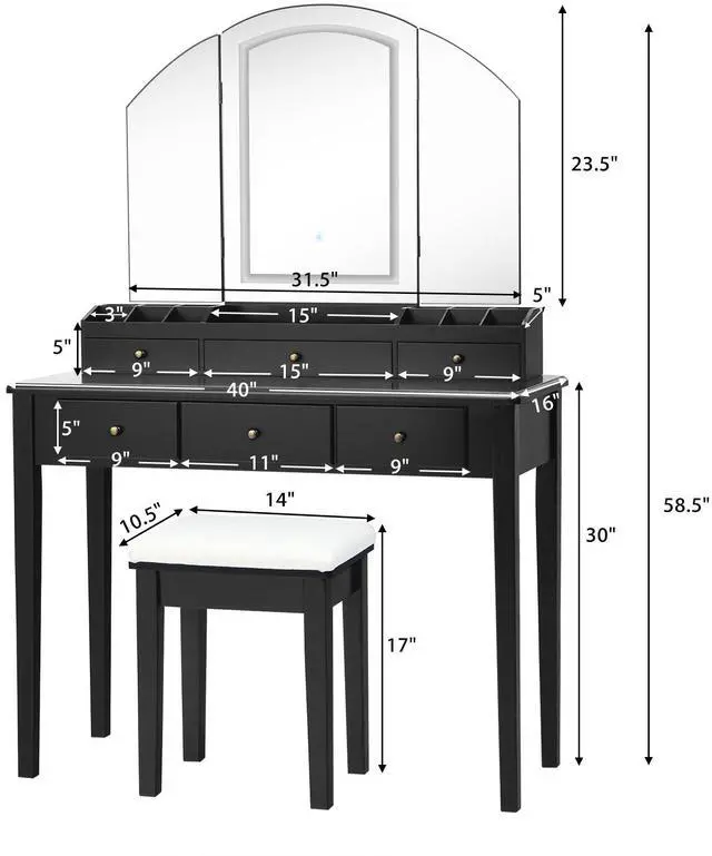 Alt view image 5 of 7 - SlickBlue Vanity Table Stool Set with Large Tri-folding Lighted Mirror-Black