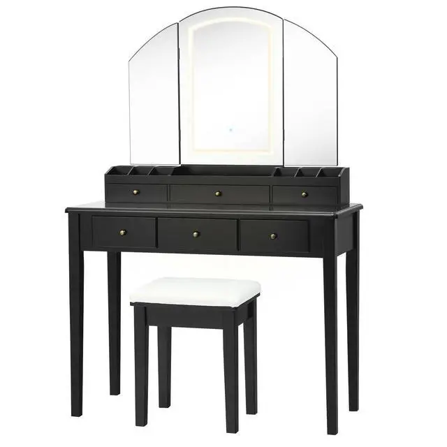 Alt view image 4 of 7 - SlickBlue Vanity Table Stool Set with Large Tri-folding Lighted Mirror-Black