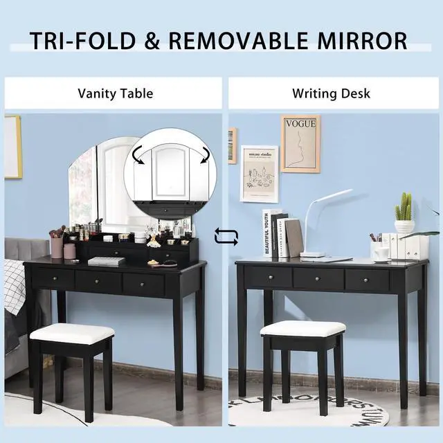 Alt view image 6 of 7 - SlickBlue Vanity Table Stool Set with Large Tri-folding Lighted Mirror-Black