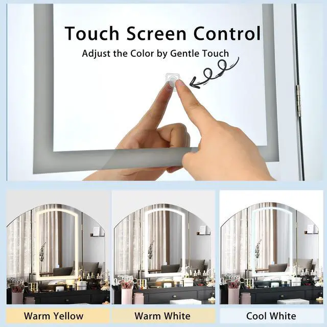 Alt view image 7 of 7 - SlickBlue Vanity Table Stool Set with Large Tri-folding Lighted Mirror-Black