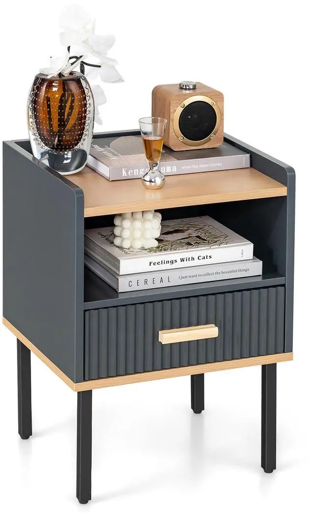 Alt view image 4 of 7 - SlickBlue Nightstand Bedside End Table with Drawer and Open Shelf for Living Room Bedroom
